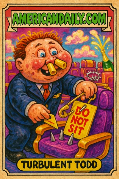 A grotesque airline steward named Turbulent Todd mischievously tags luxury airplane seats with 'Do Not Sit' signs, amid spikes and fluffy clouds.
