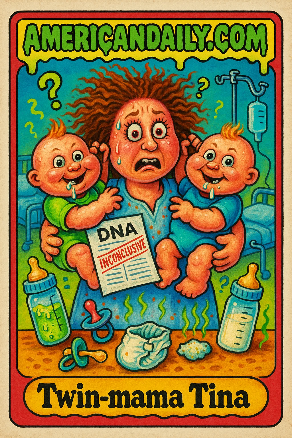 A cartoon illustration of a panicked woman holding two devilishly identical babies, surrounded by chaotic hospital elements and DNA reports.