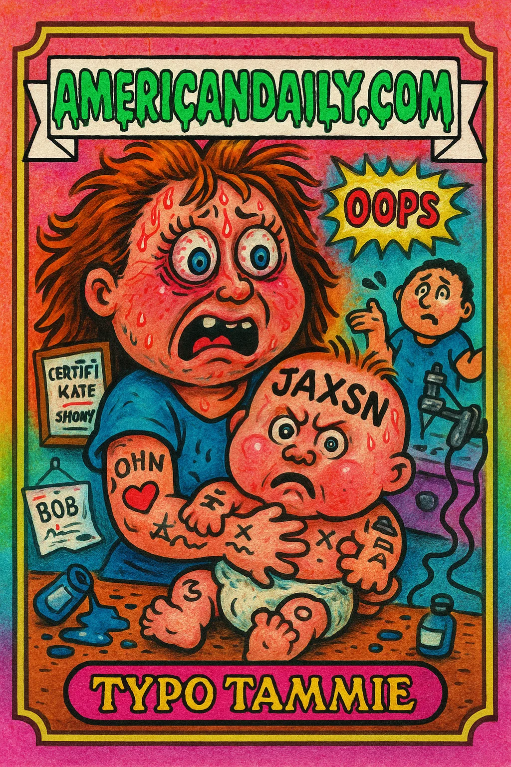 A panicked mother with wild eyes clutches her baby, both sporting exaggerated tattoos of incorrect names, in a chaotic, colorful tattoo parlor.