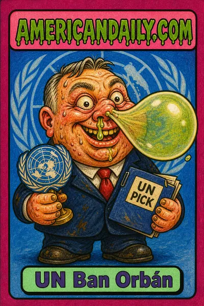A grotesque cartoon kid caricature of Viktor Orbán in a dark suit stands with a UN globe emblem and nomination folder as a giant snot bubble stretches from his nose, beneath the AMERICANDAILY.COM logo.