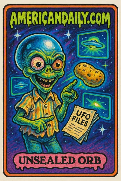 A trading card depicting a grotesque alien with a large, glowing orb-like head holding UFO files, with a hovering potato-shaped spacecraft in a cosmic background.