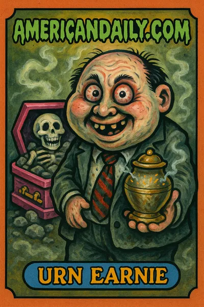 Grotesque funeral home owner holding fake ashes, with a grinning skeleton in a casket. Over-the-top cartoon grotesque features.