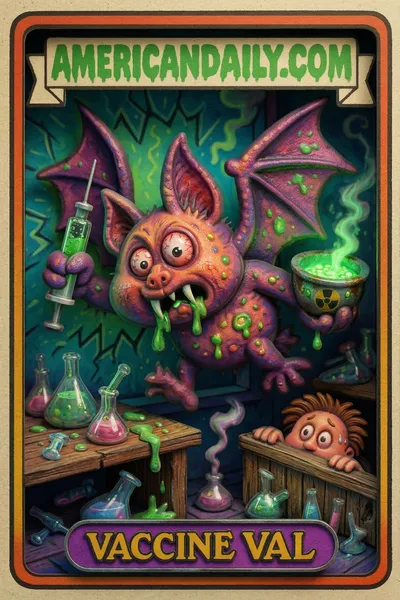 A chaotic trading card depicting Vaccine Val, a bat with a huge head, bulging eyes, and fangs crashing into a lab window with vaccine gear in hand. — 3D version