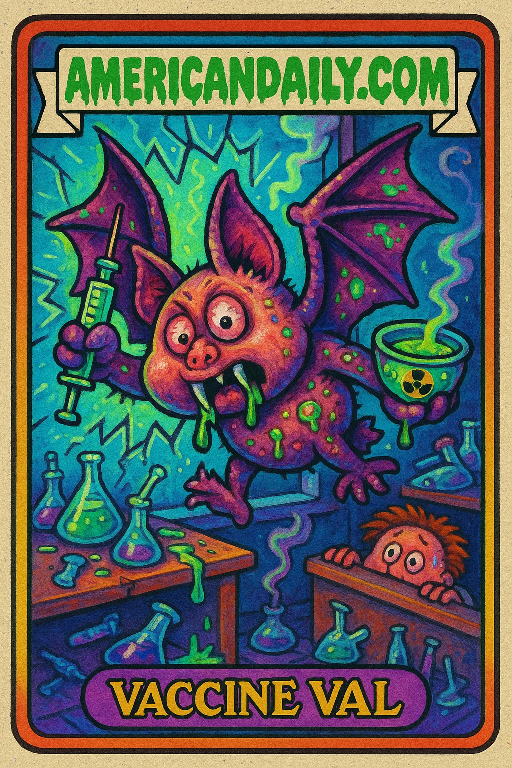 A chaotic trading card depicting Vaccine Val, a bat with a huge head, bulging eyes, and fangs crashing into a lab window with vaccine gear in hand.