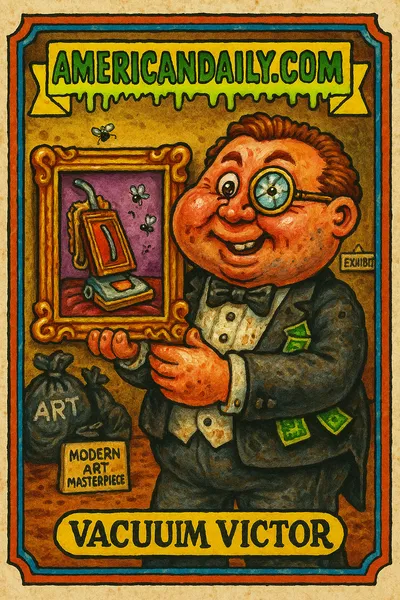 Grotesque caricature of a pompous art collector holding a broken vacuum like a valuable artifact, surrounded by trash bags and buzzing flies.