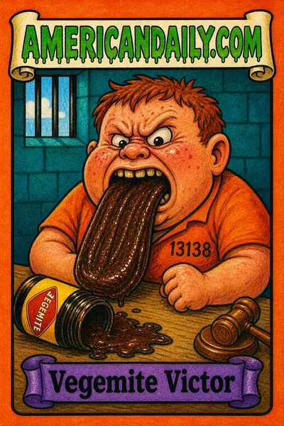 A cartoon prisoner kid in an orange shirt sits at a table in a simple cell, his tongue transformed into a giant Vegemite-covered paddle beside an overturned jar and a tiny gavel. The AMERICANDAILY.COM logo and Vegemite Victor name plate frame the trading card.