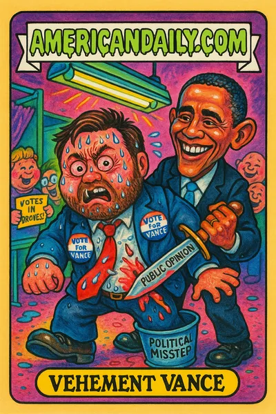 A cartoonishly grotesque JD Vance sweating with a novelty knife marked 'Public Opinion' twisted by Obama, amidst laughing cartoon voters.