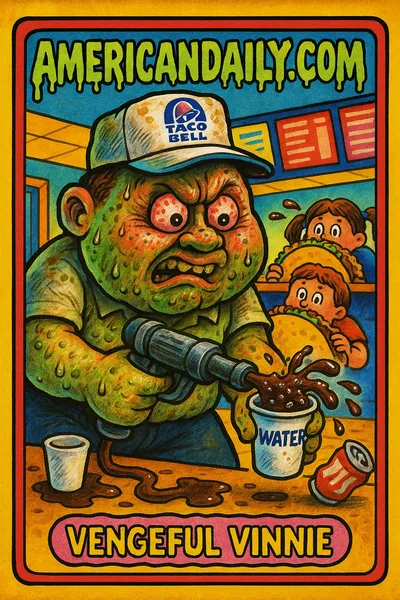 A grotesque Taco Bell employee with a squirt gun, bulging eyes, and soda overflow, attacking two horrified customers hiding behind giant tacos.