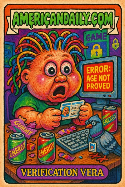 A satirical trading card of 'Verification Vera' with grotesque features, tangled ethernet cable hair, stunned look at a computer screen, surrounded by gaming clutter.
