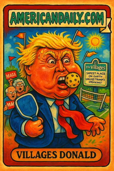A grotesque caricature of Trump with an oversized head, hair with golf flags, holding a pickleball paddle with a ball in his mouth, surrounded by protesters.