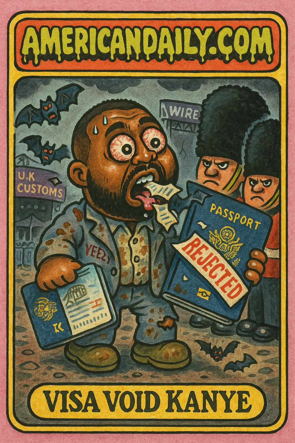 A caricature of 'Visa Void Kanye' with an oversized head, tattered suit, and spewing visa papers transforming into bats, at a UK border.