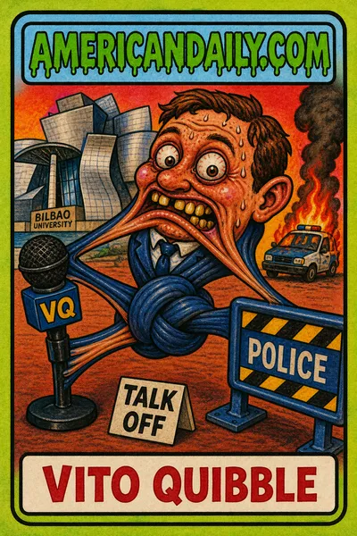 A grotesque retro trading card shows a sweaty, yellow-toothed Vito Quiles-inspired kid stretched like taffy into a knot between a microphone and police barrier, with a university silhouette and small burning vehicle behind him.