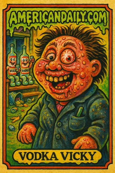 A grotesque illustration of a teacher with exaggerated features observing students drinking vodka shots on her doorstep, styled as a Garbage Pail Kid.