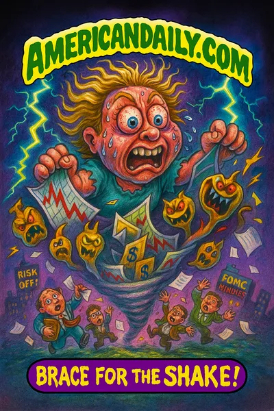 Cartoon of a creature riding a tornado of stock charts, investors flung; banner AMERICANDAILY.COM; caption Brace for the Shake!