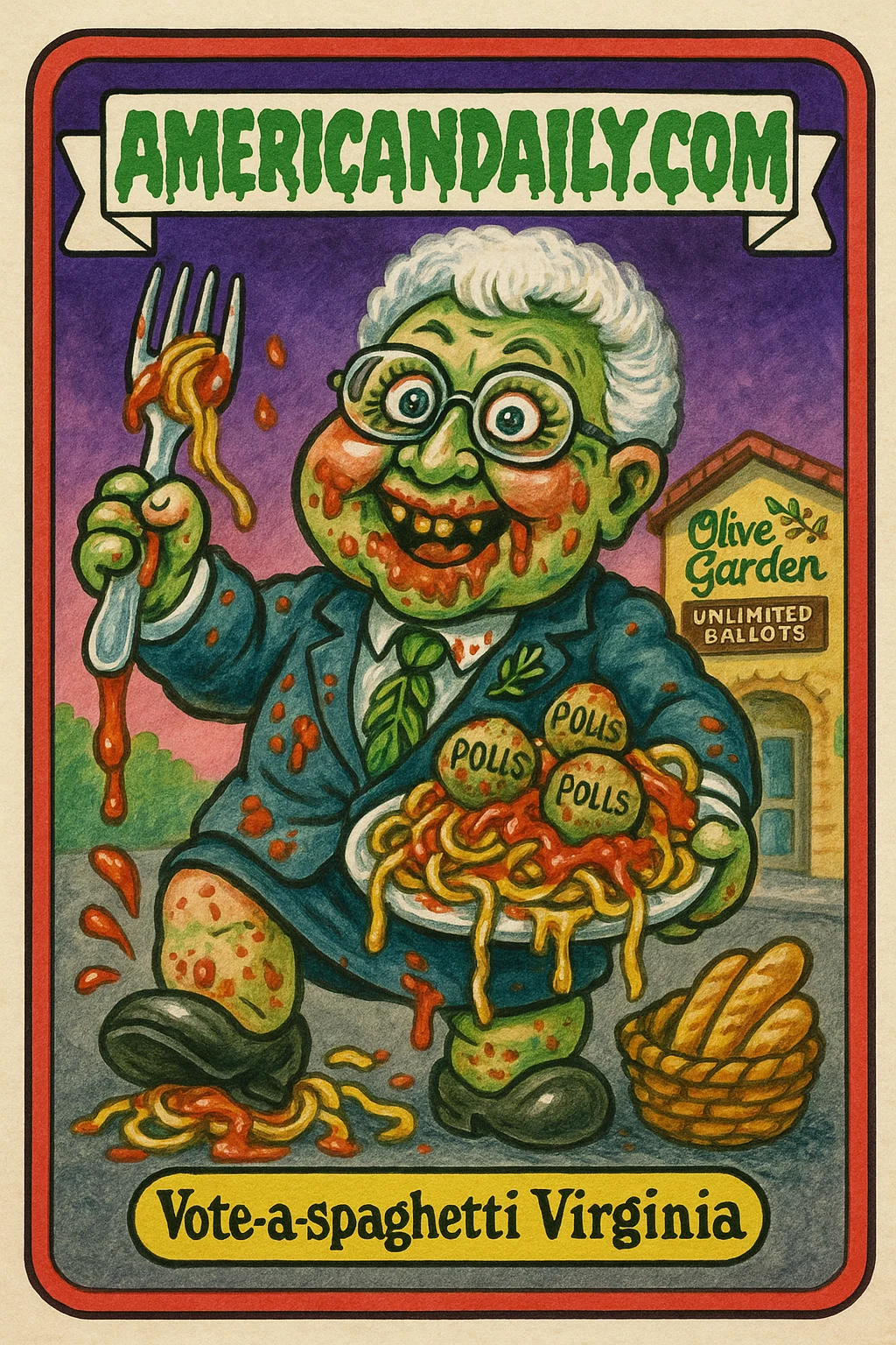 A grotesque caricature of Virginia Foxx in a messily sauced suit, holding spaghetti and meatball-shaped voting booths, set against an Olive Garden parody.