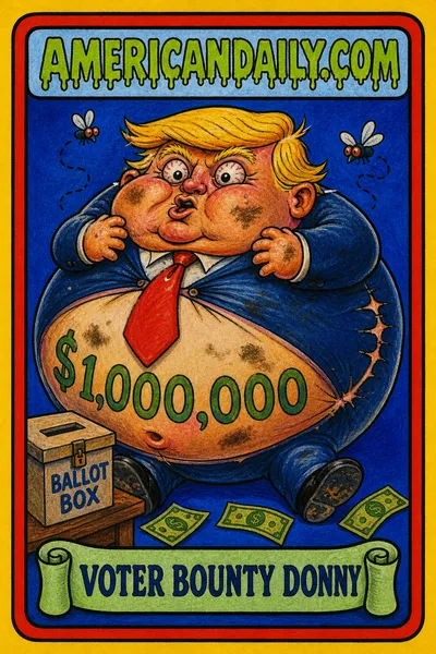 A grotesque cartoon trading card shows a grubby, bug-eyed Trump-like child in a red tie, his body swollen like a balloon beside a ballot box and dollar bills. The card bears the AMERICANDAILY.COM logo and the name Voter Bounty Donny.