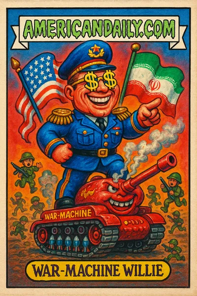 A satirical caricature of Pete Hegseth as a general on a comically oversized tank. Flags of America and Iran are tangled in the background.