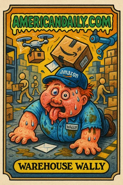A grotesque scene of 'Warehouse Wally', an Amazon worker with exaggerated sickly features, collapsed on the warehouse floor, while oblivious coworker drones continue working.