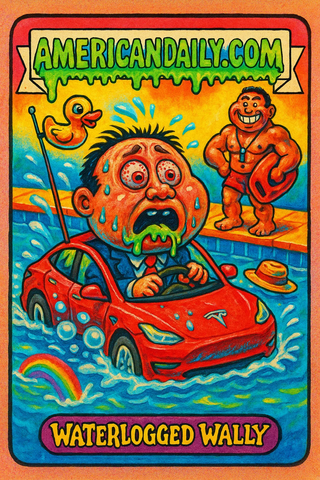 A grotesque trading card showing 'Waterlogged Wally,' a driver with a massive head, in a Tesla sinking into a pool, alongside a heroic lifeguard with exaggerated muscles.