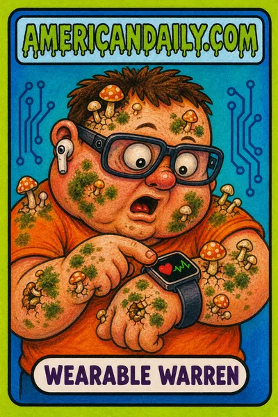 A bug-eyed cartoon kid wearing oversized smart glasses and camera earbuds looks at a wrist wearable as mushrooms sprout from the kid’s skin, beneath the AMERICANDAILY.COM logo.