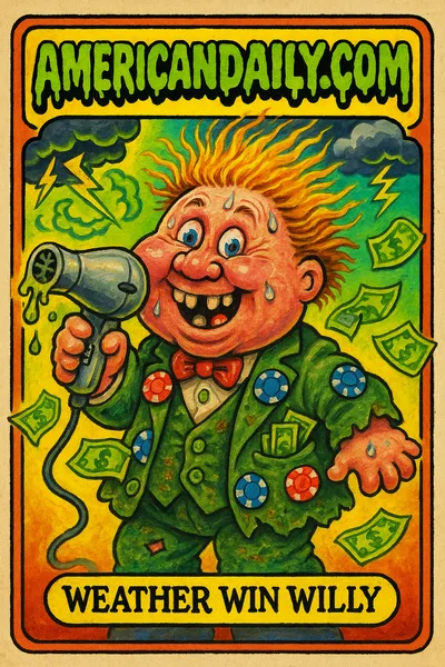 A satirical parody featuring Weather Win Willy, a grotesque character with an oversized head, manipulating weather with a hair dryer while surrounded by cartoon thunderstorms.