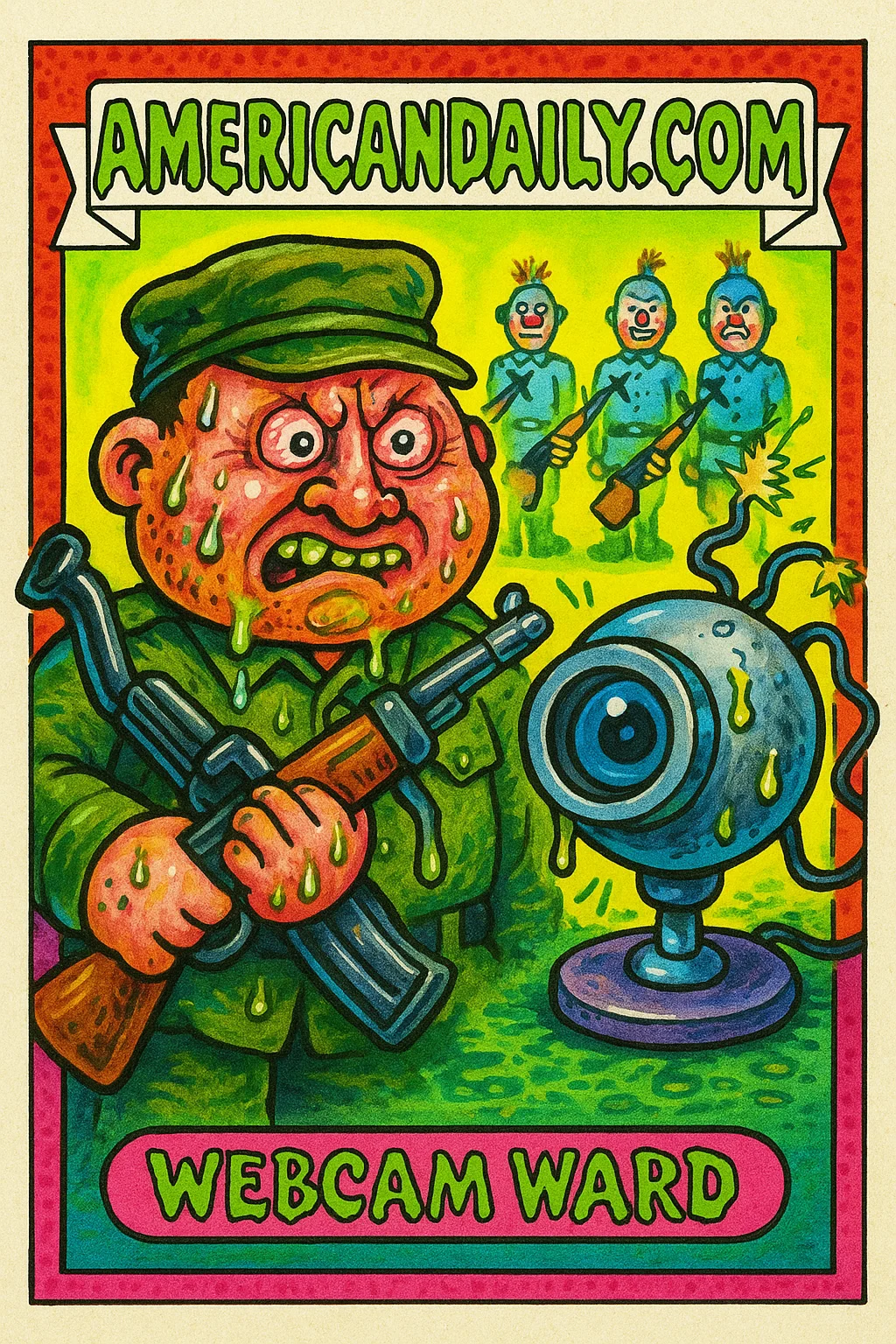Grotesque executioner holding a bent rifle, standing by a large sparking webcam against a satirical military backdrop.