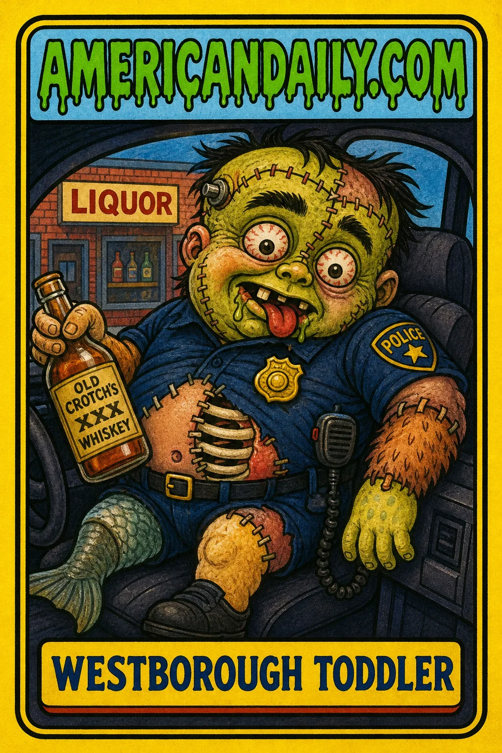 A retro gross-out trading card shows a sickly green, greasy-haired kid version of a police chief slumped in an unmarked cruiser outside a liquor store. His body is stitched from mismatched parts, and the card reads “Westborough Toddler.”