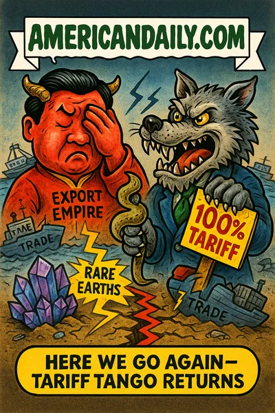 Parody trading card: a snarling wolf-Trump hybrid with claws labeled "100% Tariff Threat," standing next to a caricature Xi Jinping doing a face-slap. Behind them is a cracked map of China and the U.S. divided by lightning tariff lines. Floating labels: "Rare Earth Monopoly," "Trade Blowback," "Supply Shock." Top banner: "AMERICANDAILY.COM."