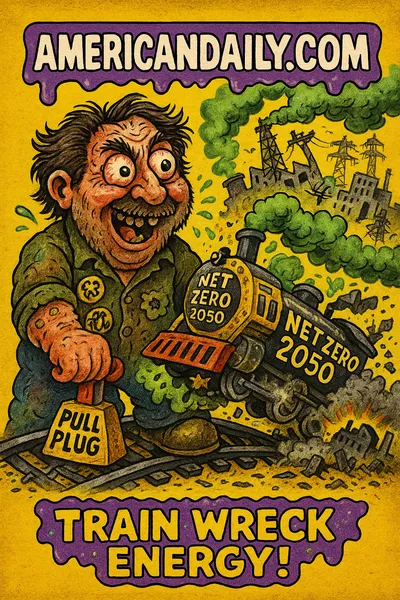 Cartoon parody of Energy Secretary pulling a lever to derail a runaway train labeled 'Net Zero 2050', while factories crumble. Top banner reads 'AMERICANDAILY.COM', bottom caption reads 'Train Wreck Energy!