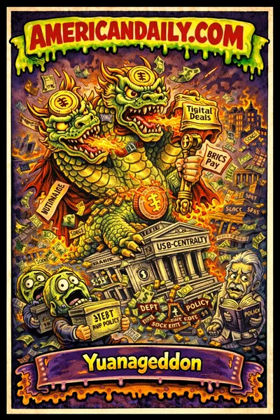 Cartoon dragon-coin "Yuanageddon" rampaging through a crumbling U.S. dollar cityscape under a slime-dripping Americandaily banner.