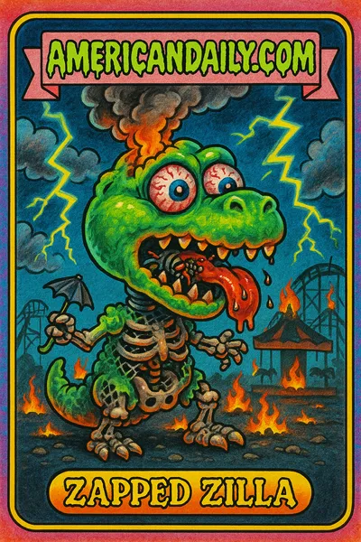 A grotesque trading card depicting a dinosaur animatronic turned skeletal by lightning, with exaggerated charred features and cartoonish storm effects.