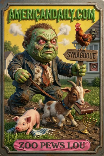 A satirical trading card depicting 'Zoo Pews Lou' in a chaotic scene with petting zoo animals and synagogue elements intermixed, capturing his angry, exaggerated, grotesque features. — 3D version