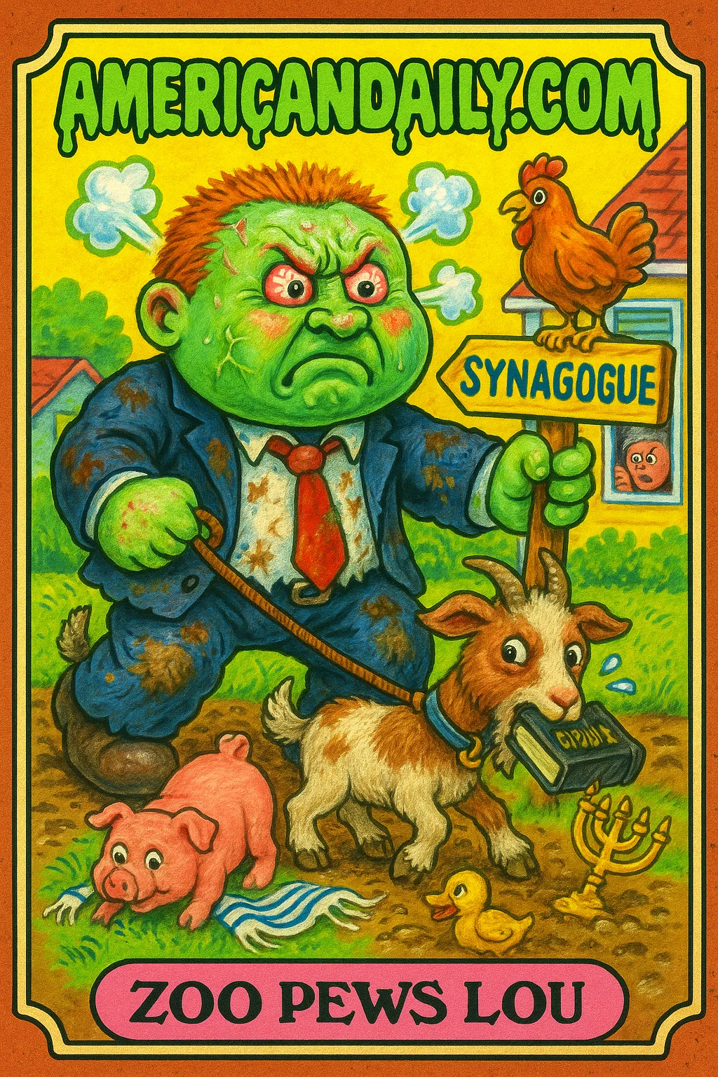 A satirical trading card depicting 'Zoo Pews Lou' in a chaotic scene with petting zoo animals and synagogue elements intermixed, capturing his angry, exaggerated, grotesque features.