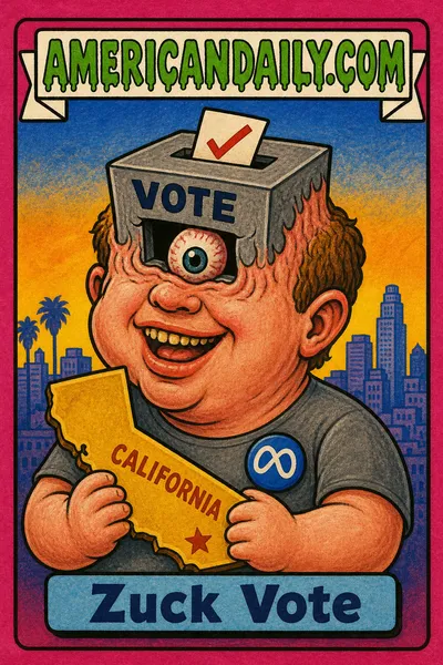 A Garbage Pail Kids-style cartoon of Mark Zuckerberg as a chubby child clutching a California map, with his head grotesquely transformed into a ballot box and one eye peering through the slot.